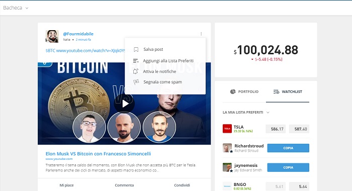 bacheca eToro evidenziare