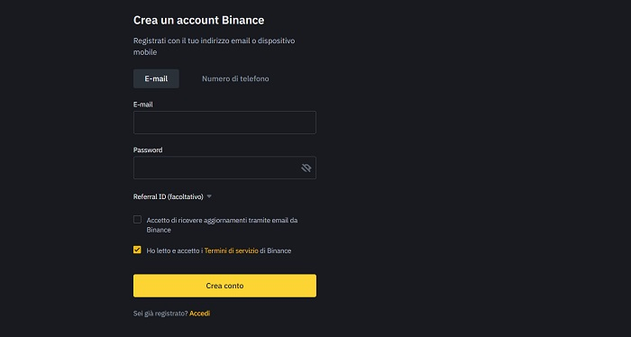 crea account binance
