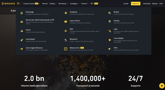 menu nascosto binance